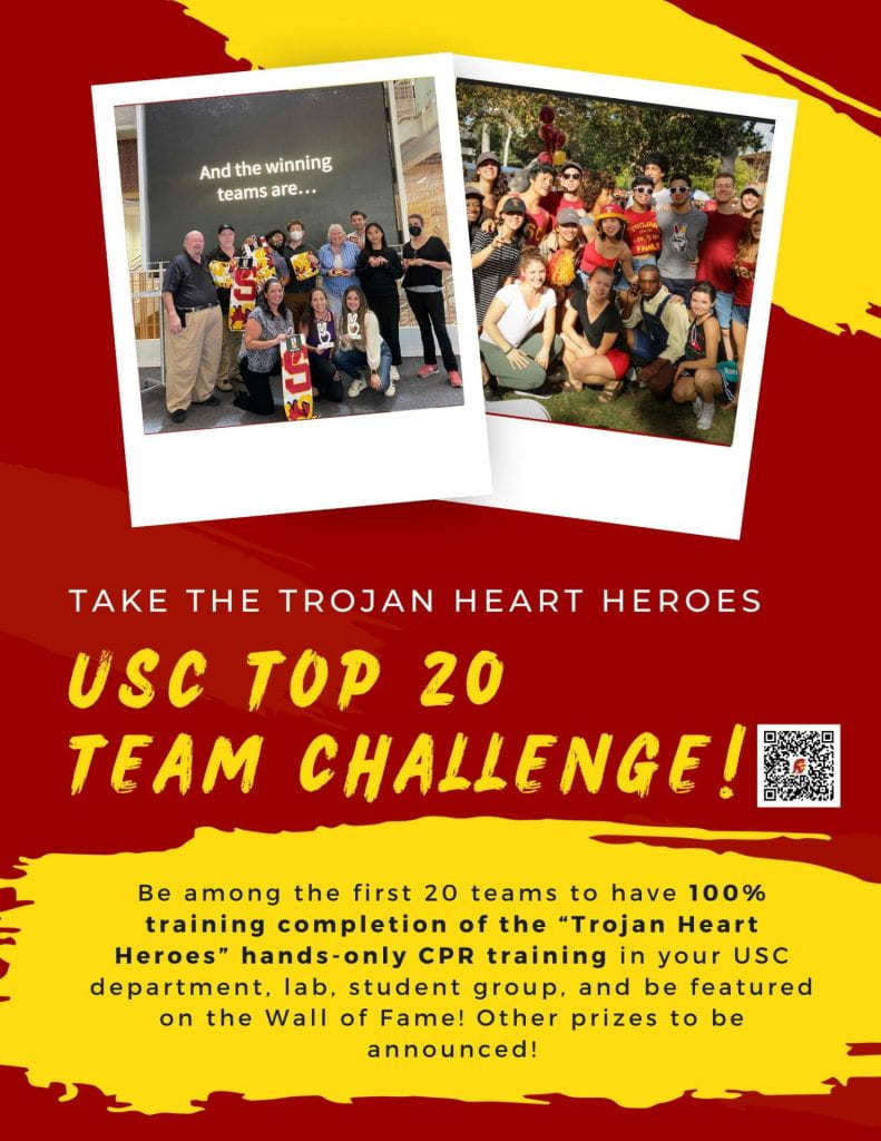 Take the Trojan Heart Heroes USC Top 20 Team Challenge! Image and QR code.